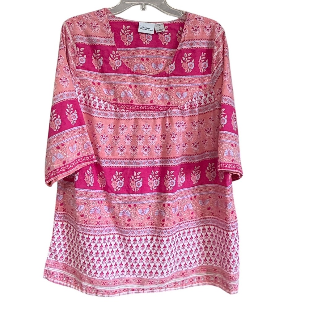 Vermont‎ Country Store Womens 1X Pink Floral Block Print Cotton 3/4 Sleeve Tunic